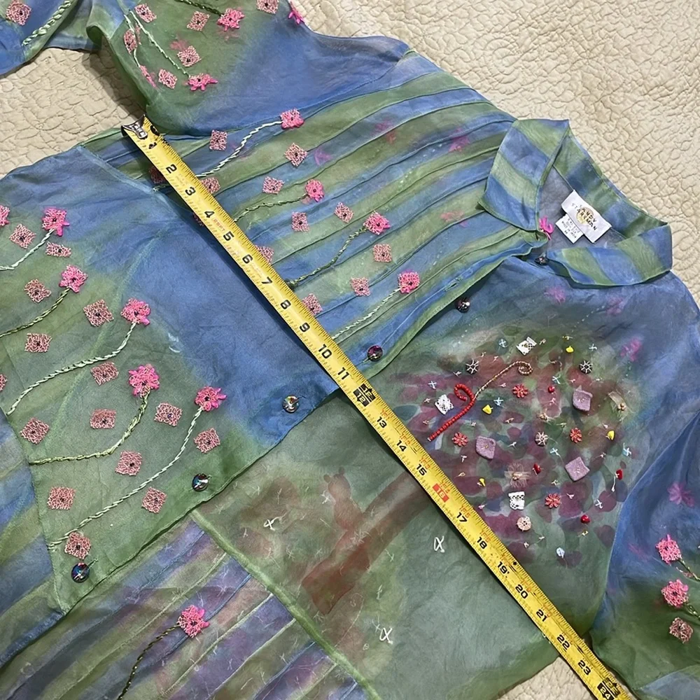 Sandy Starkman 100% silk batik and 3-D floral  sheer blouse or jacket